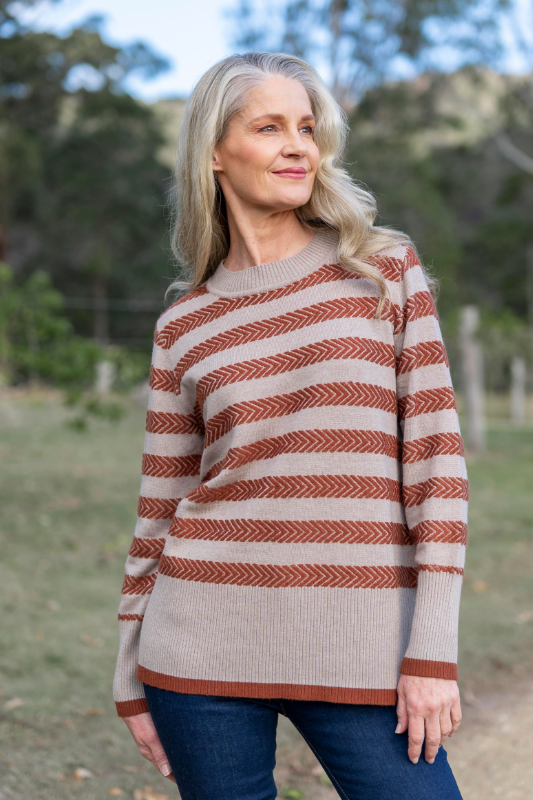 See Saw Wool Blend Chevron Stripe Sweater in Stone and Nutmeg