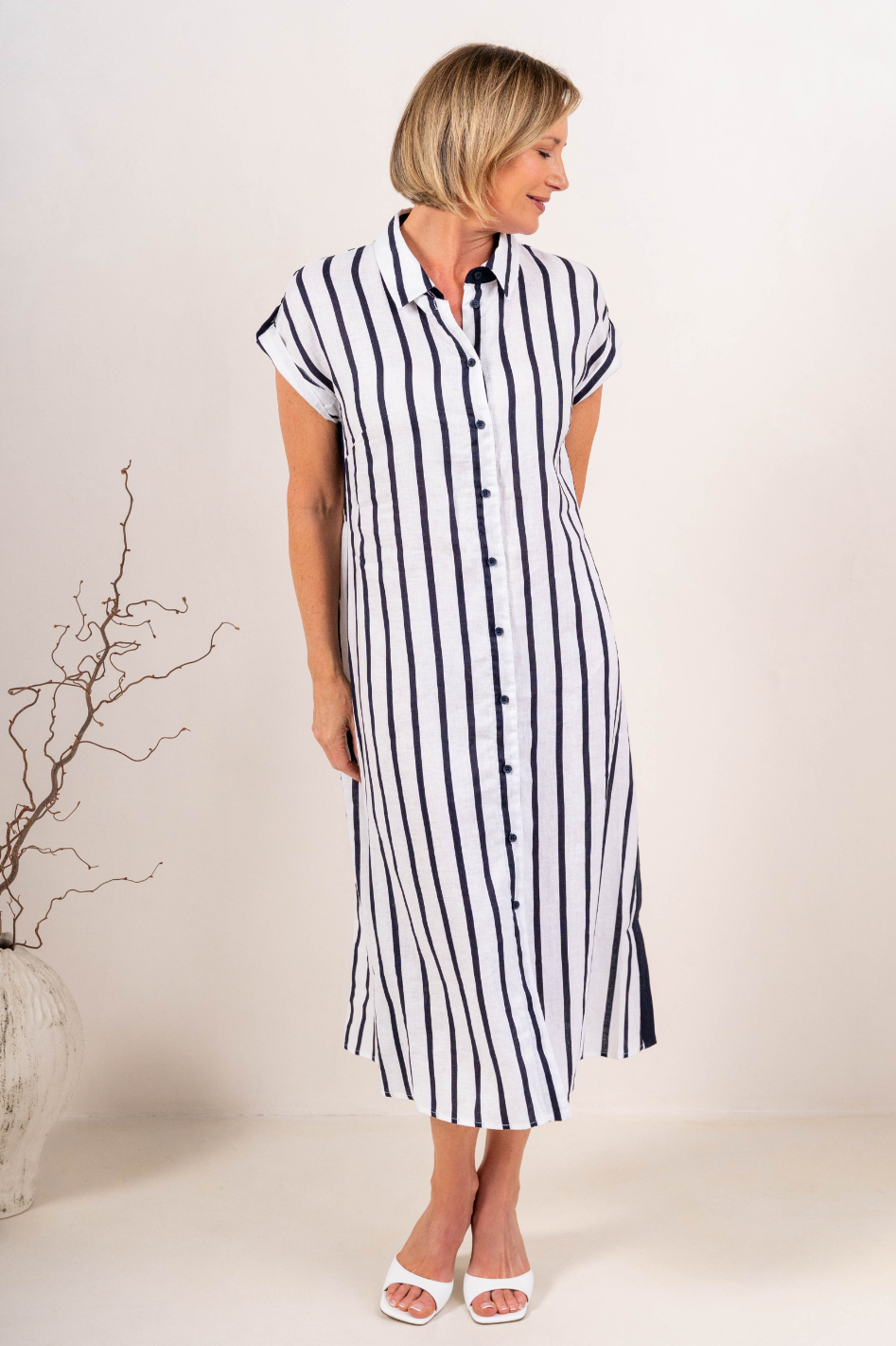 See Saw Collared Linen Button Thru Dress in Navy and White Stripe