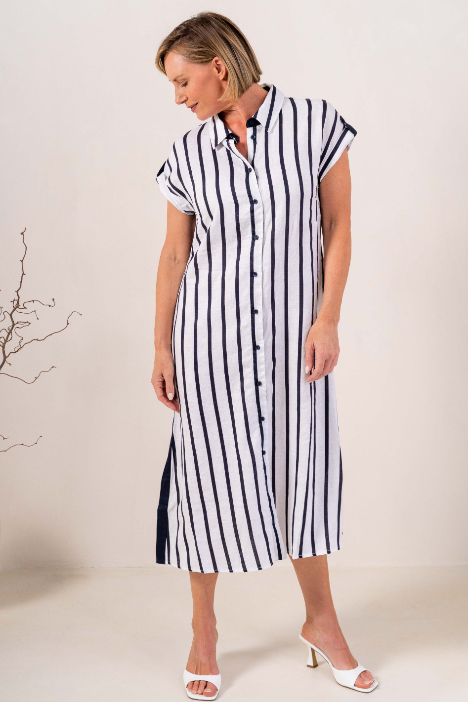 See Saw Collared Linen Button Thru Dress in Navy and White Stripe