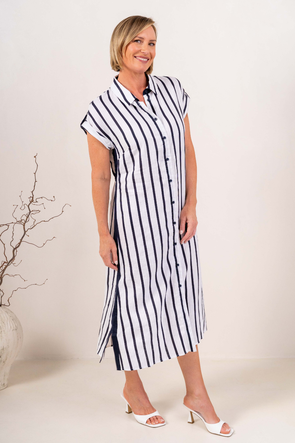 See Saw Collared Linen Button Thru Dress in Navy and White Stripe