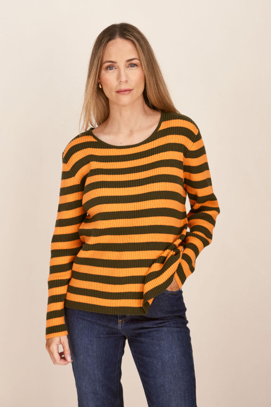 See Saw Cotton/Cashmere Rib Stripe Sweater | Khaki/Tango Combo