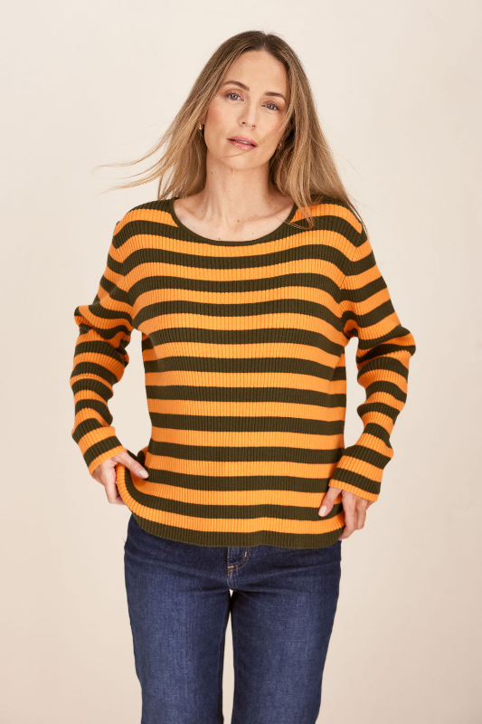 See Saw Cotton/Cashmere Rib Stripe Sweater | Khaki/Tango Combo