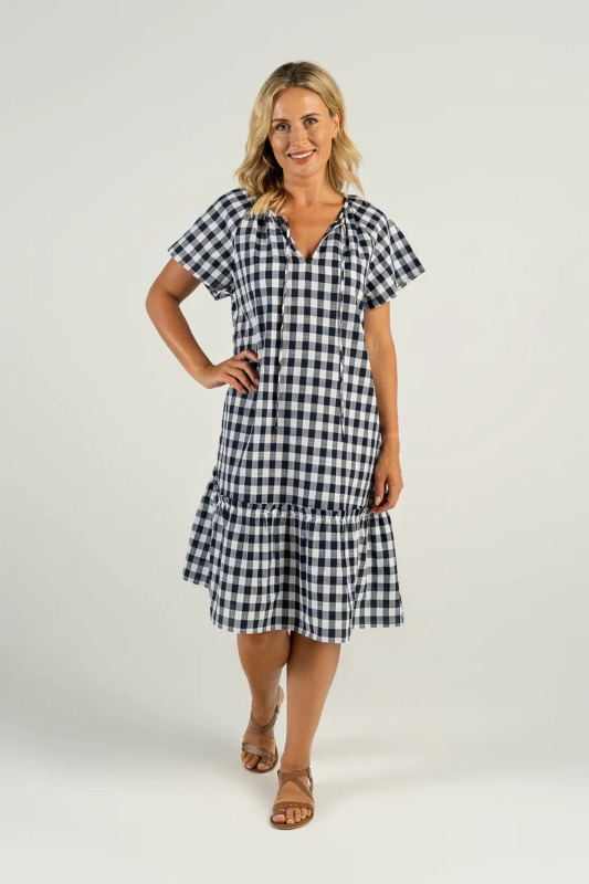 See Saw Extended Sleeve Cotton Dress in Navy & White Gingham Check
