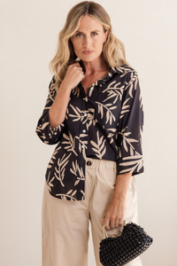 See Saw Cotton 3/4 Sleeve Shirt | Leaf Print