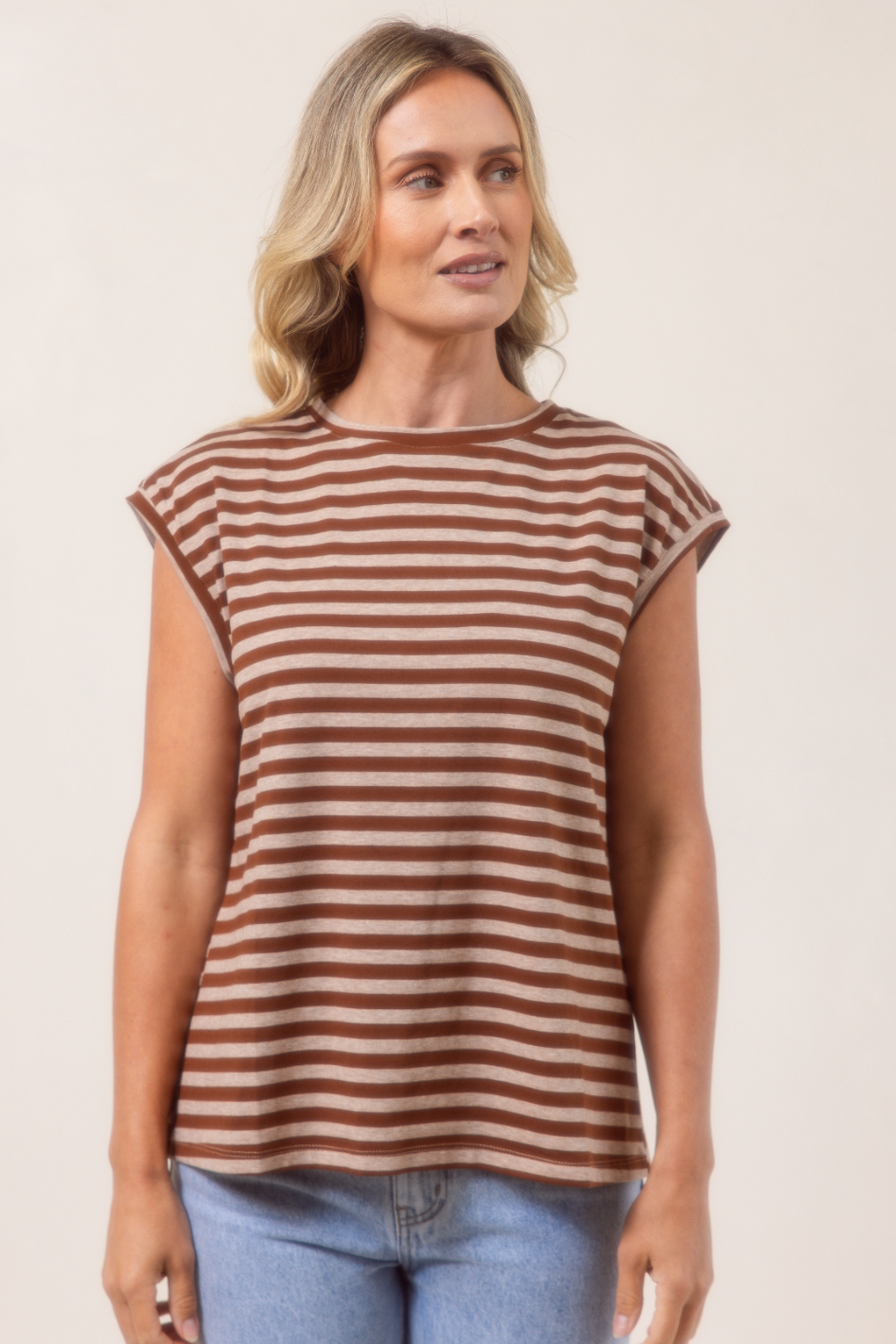 See Saw Cotton Stripe Extended Sleeve T-Shirt in Copper Marle