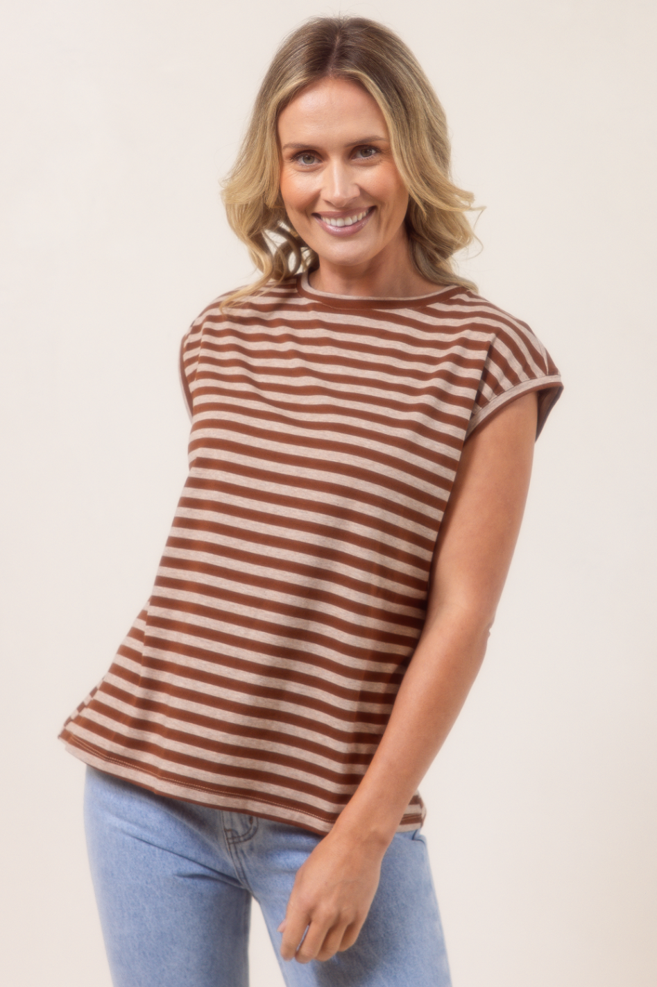See Saw Cotton Stripe Extended Sleeve T-Shirt in Copper Marle
