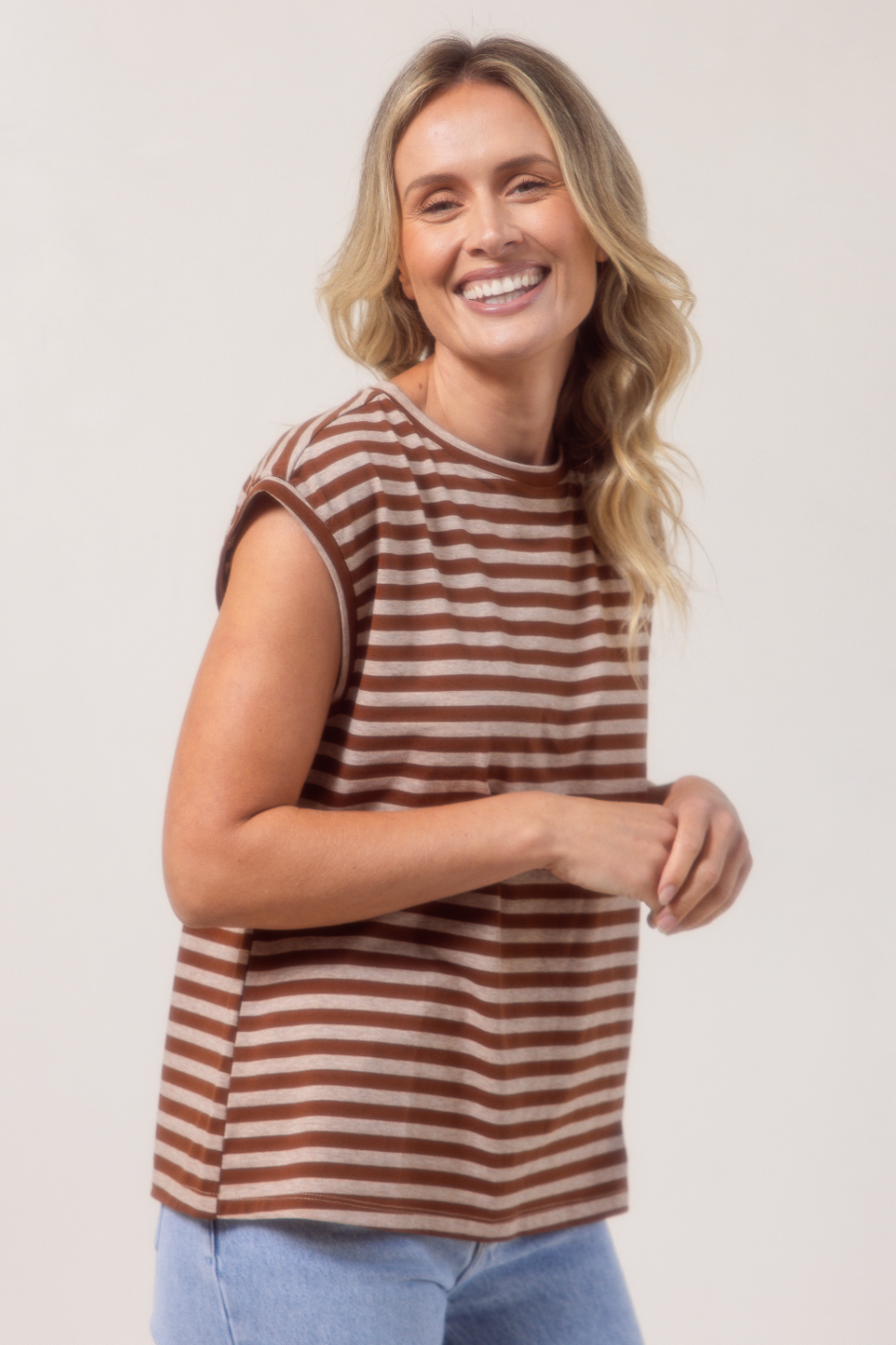 See Saw Cotton Stripe Extended Sleeve T-Shirt in Copper Marle