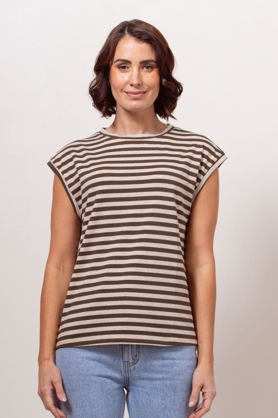 See Saw Cotton Stripe Extended Sleeve T-Shirt in Khaki Marle