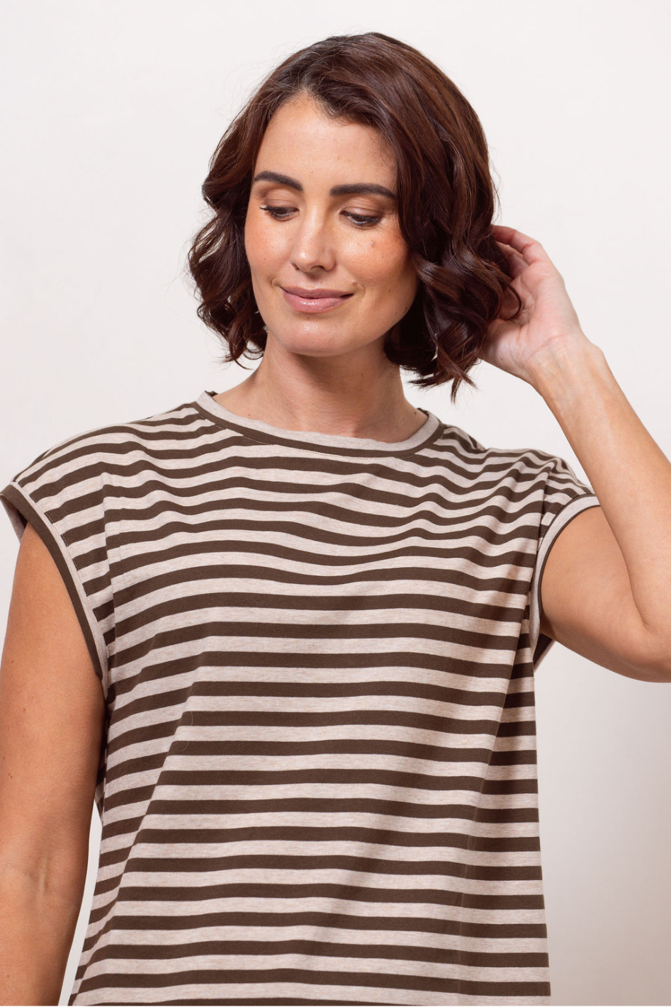 See Saw Cotton Stripe Extended Sleeve T-Shirt in Khaki Marle