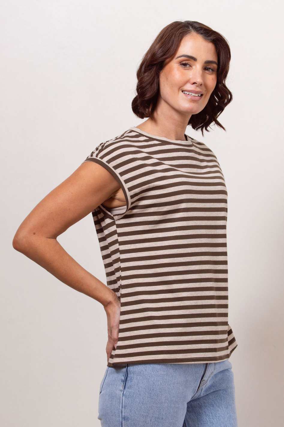 See Saw Cotton Stripe Extended Sleeve T-Shirt in Khaki Marle