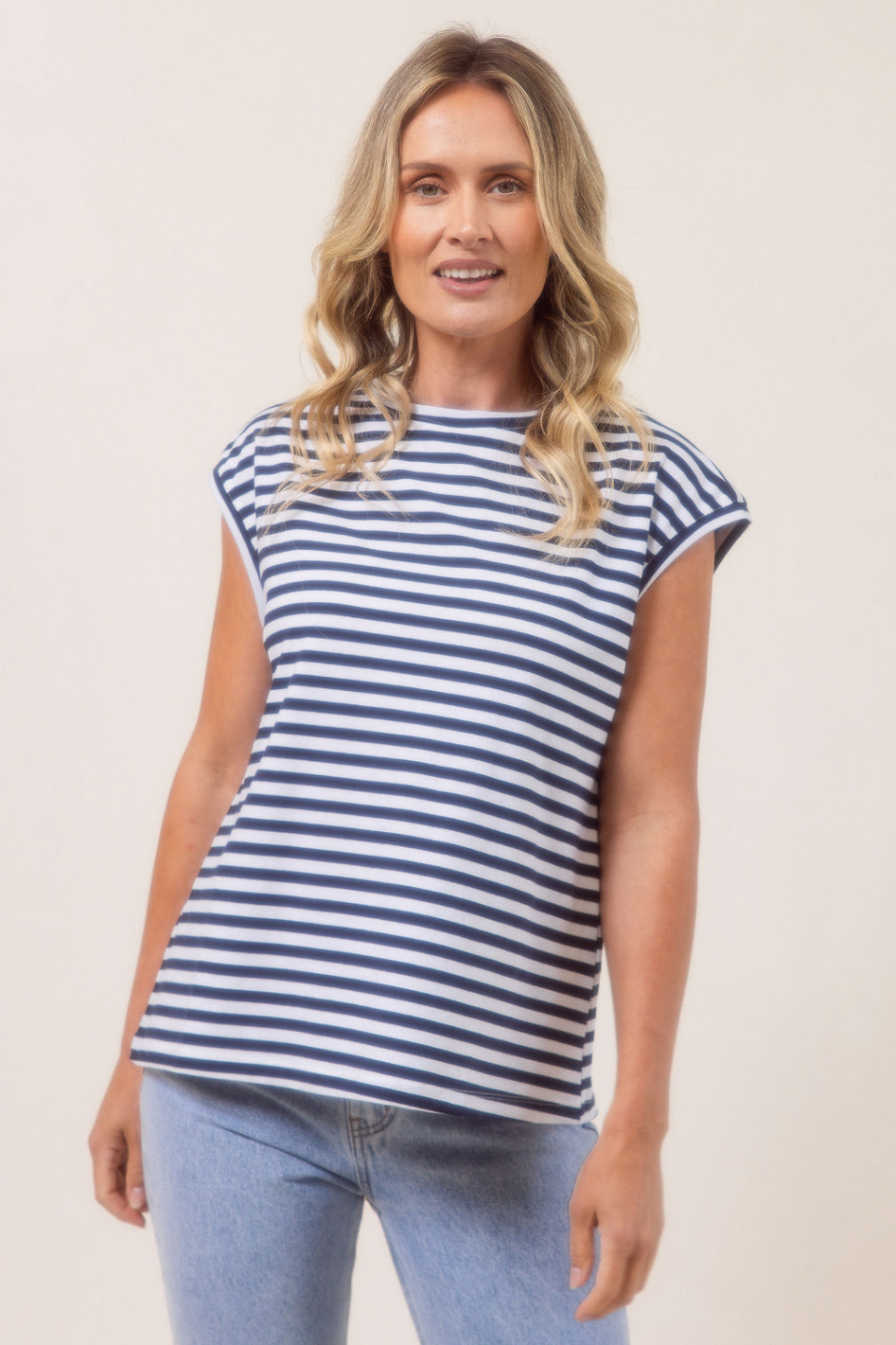 See Saw Cotton Stripe Extended Sleeve T-Shirt in Navy and White