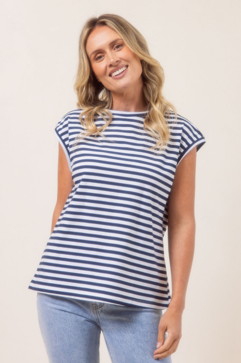 See Saw Cotton Stripe Extended Sleeve T-Shirt in Navy and White