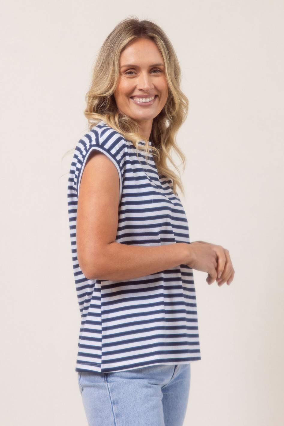 See Saw Cotton Stripe Extended Sleeve T-Shirt in Navy and White