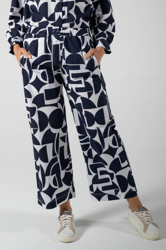 See Saw Cotton Wide Leg Pant in Navy and White Geo Print