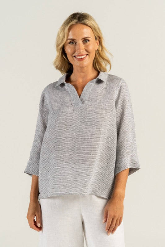See Saw Fine Linen 3/4 Sleeve Collared Top