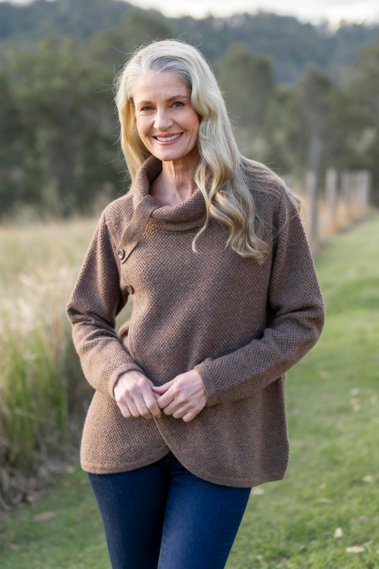 See Saw Lambswool Blend Neck Sweater in Mocha