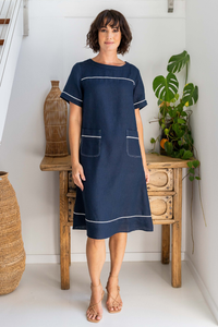 See Saw Linen A-Line Trim Stitch Detail Dress | Navy/White | 342
