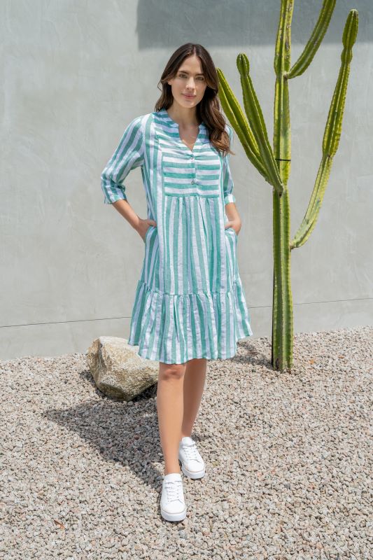 See Saw Linen Blend Two Way Stripe Dress in Emerald and White