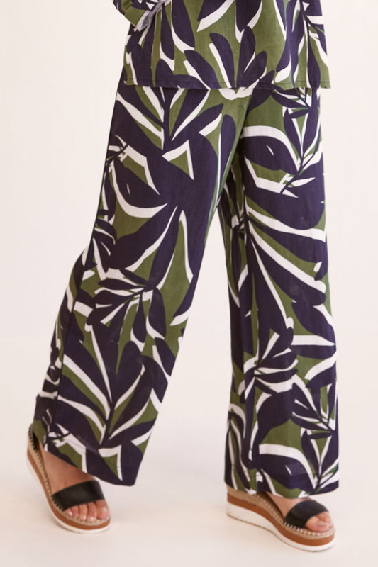 See Saw Linen Blend Wide Leg Pant | Navy/Khaki Leaf