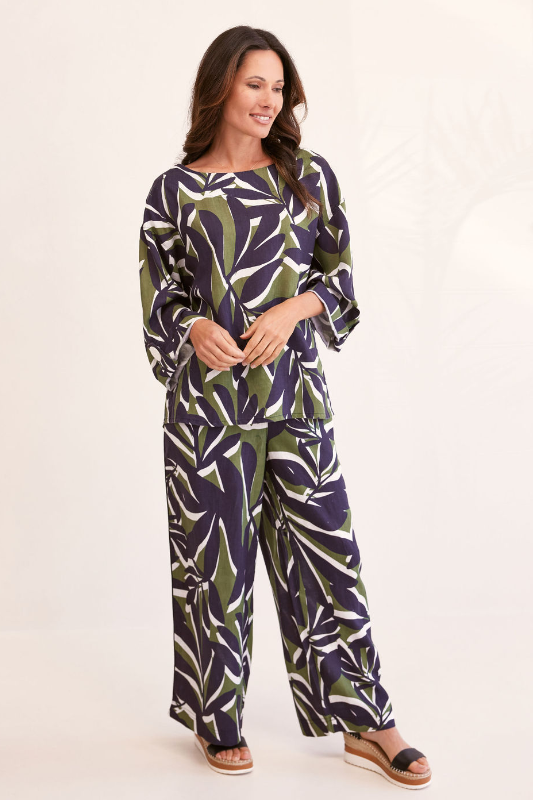 See Saw Linen Blend Wide Leg Pant | Navy/Khaki Leaf