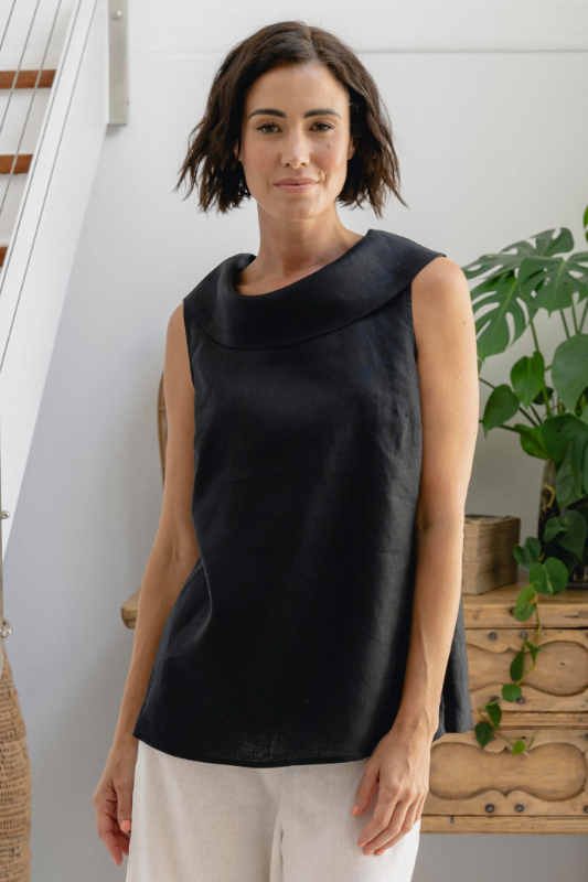 See Saw Linen Button Back Cowl Neck Top in Black