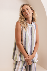 See Saw Linen Button Back Cowl Neck Top | Pistachio/Charcoal Multi Stripe | 451
