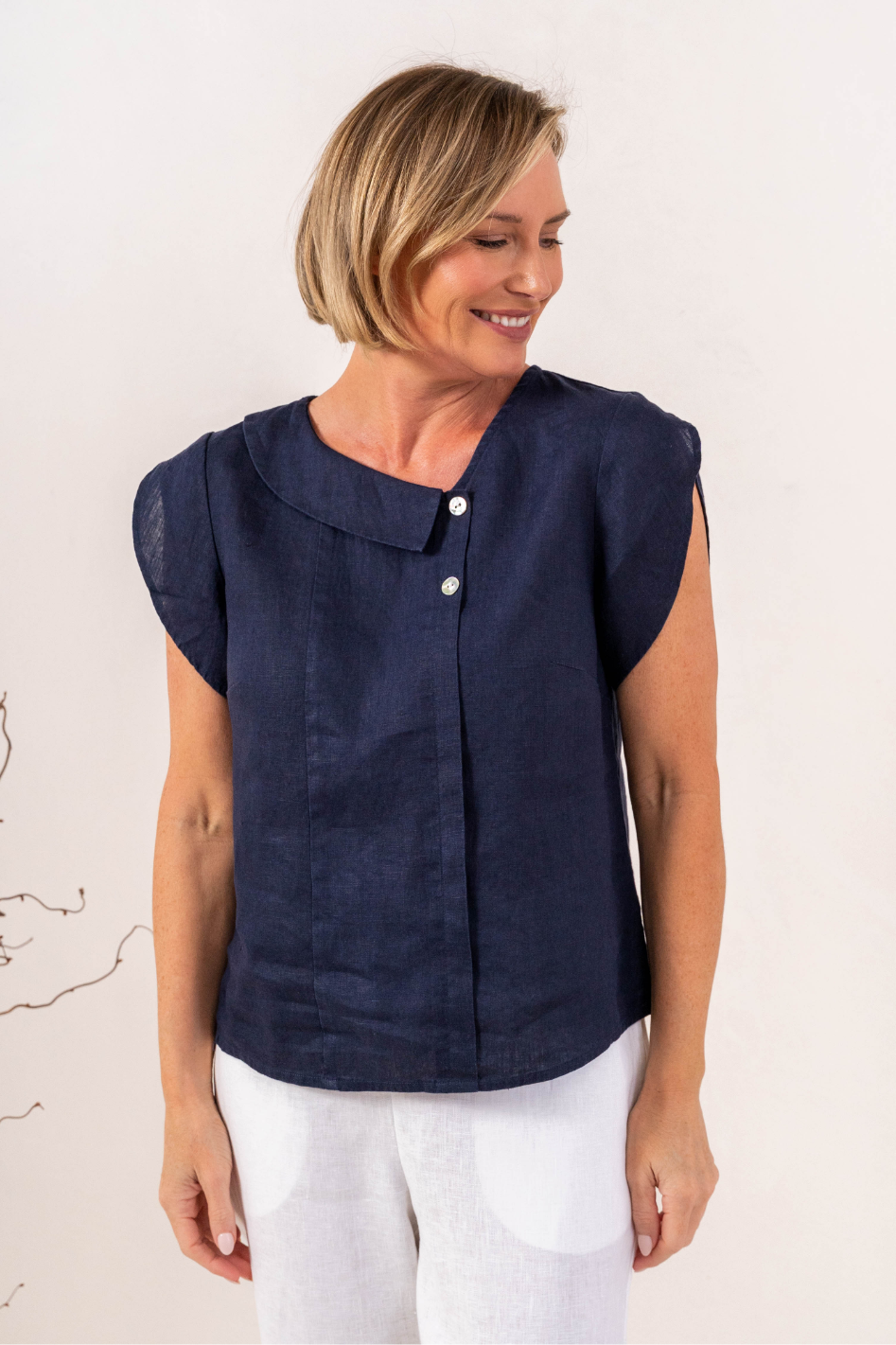 See Saw Linen Button Cowl Neck Top in Navy