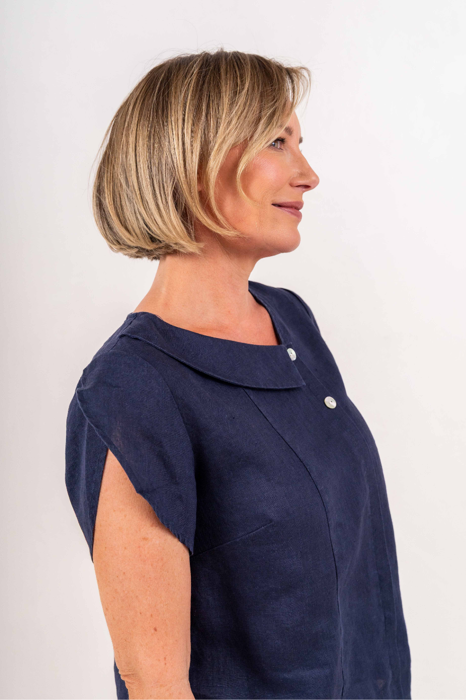 See Saw Linen Button Cowl Neck Top in Navy