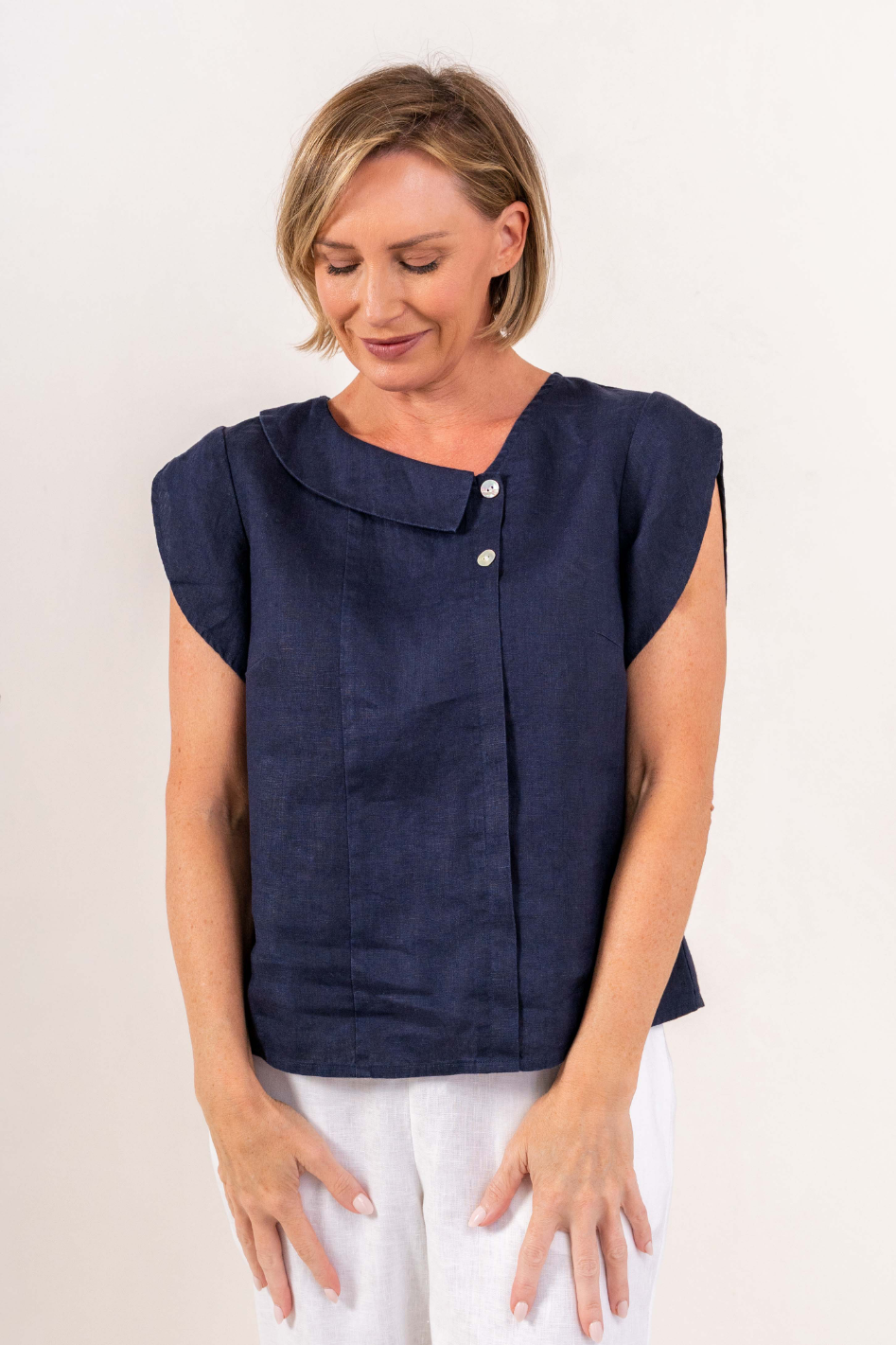 See Saw Linen Button Cowl Neck Top in Navy