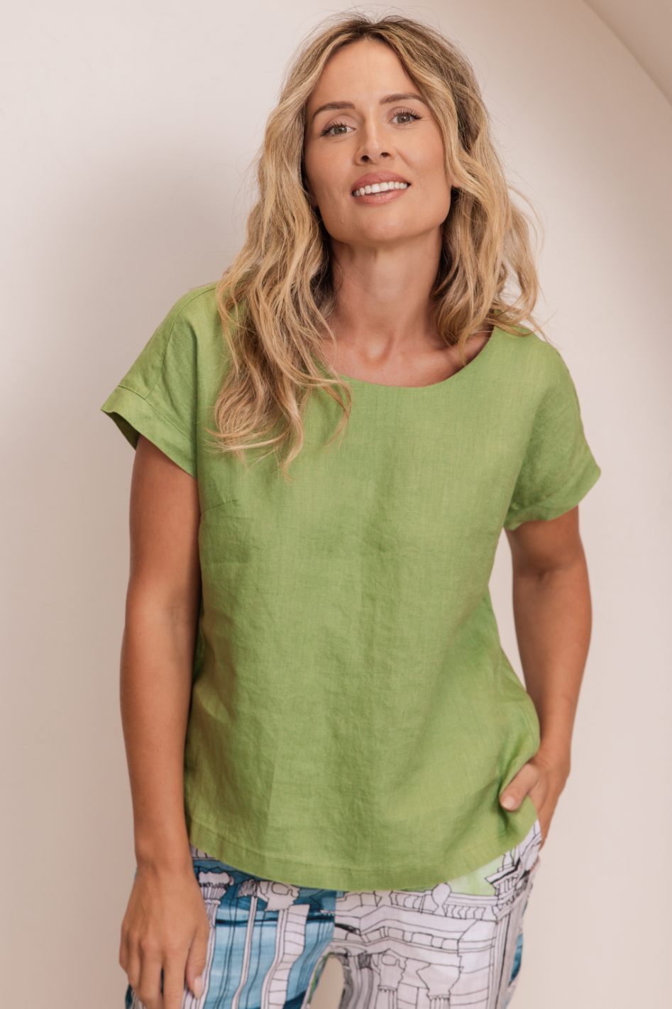See Saw Linen Cap Sleeve Button Back Top | Pistachio | 324