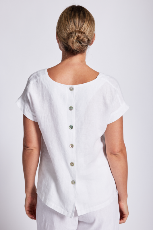 See Saw Linen Cap Sleeve Button Back Top | White