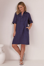 Load image into Gallery viewer, See Saw Linen Collared Lace Front Dress in Navy
