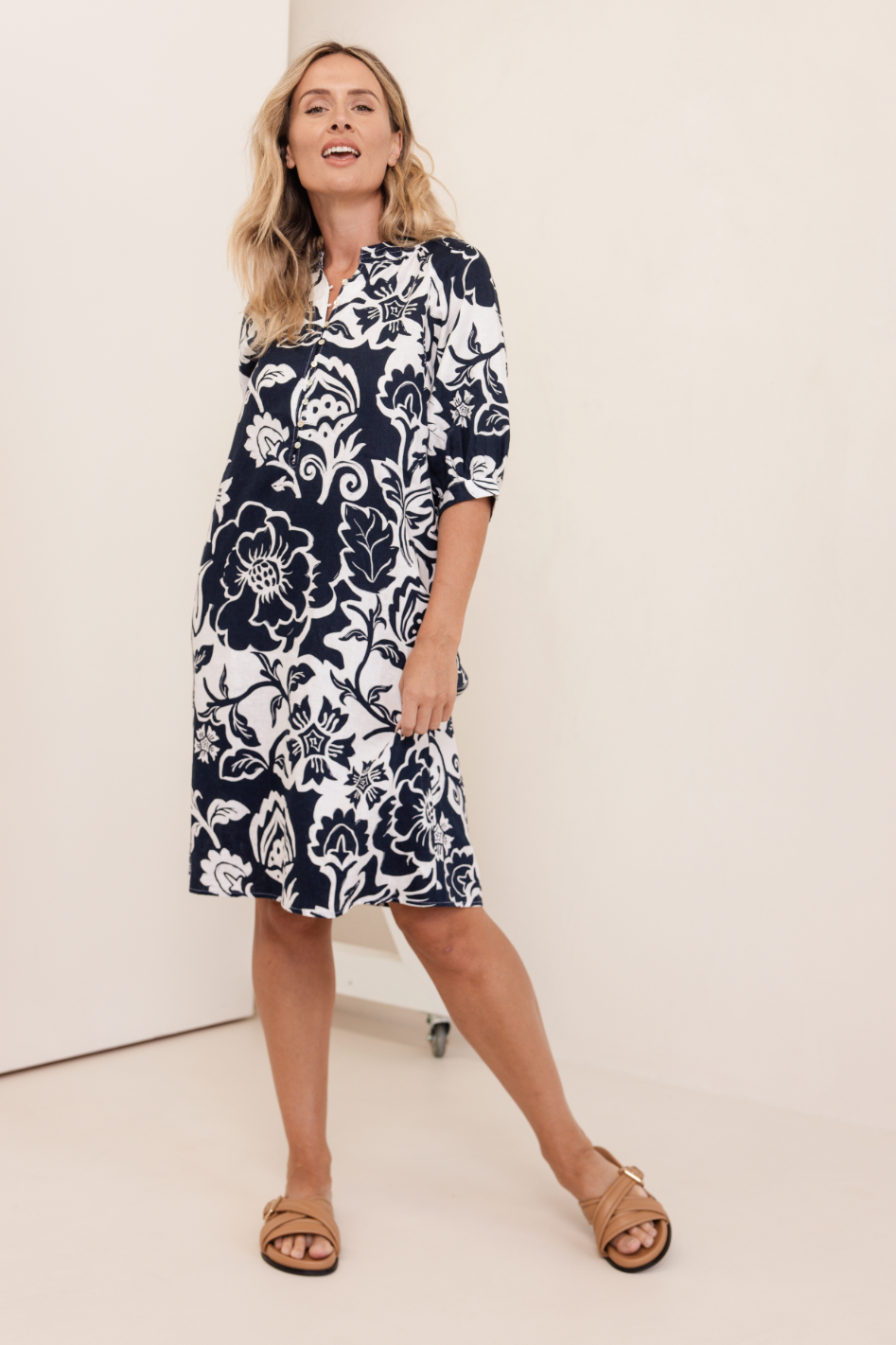 See Saw Linen Cuff Sleeve Button Detail Dress in Vine Print Navy