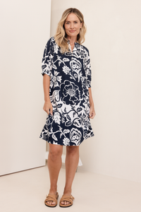 See Saw Linen Cuff Sleeve Button Detail Dress | Vine Print Navy | 417