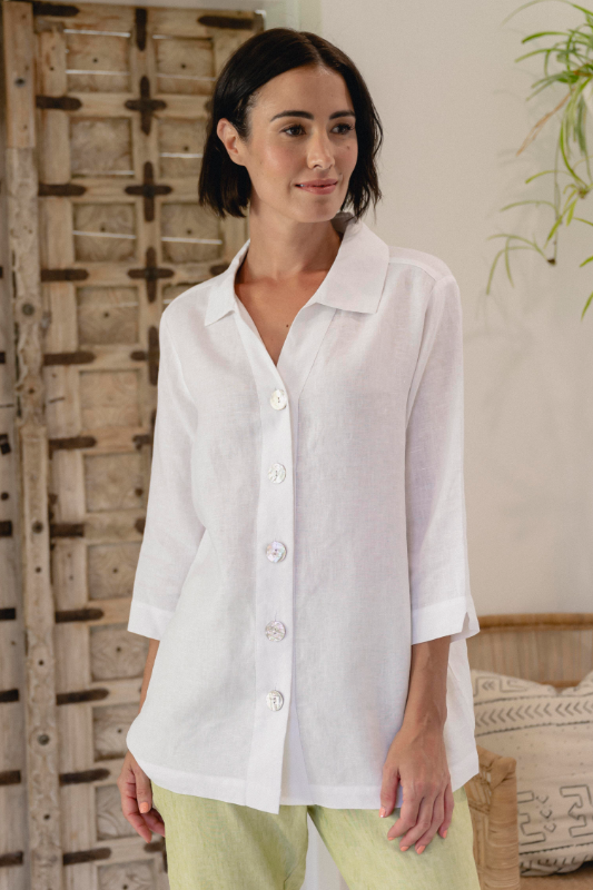 See Saw Linen 3/4 Sleeve Elegant Shirt | White