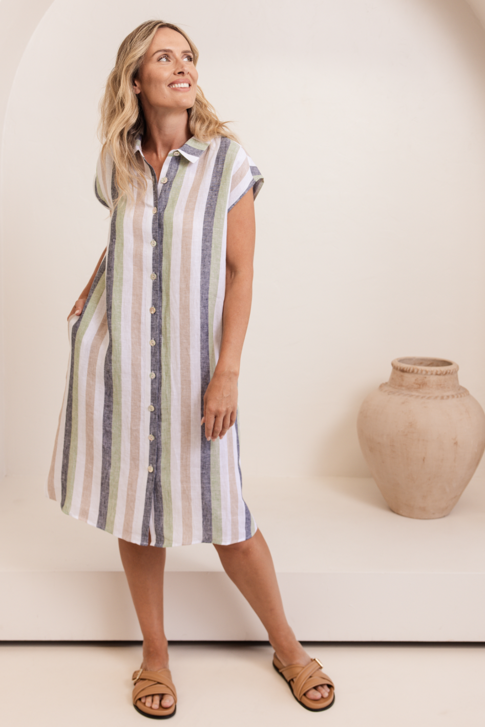 See Saw Linen Extended Sleeve Dress in Pistachio/Charcoal Multi Stripe 