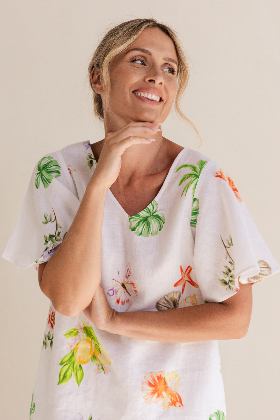 See Saw Linen Flutter Sleeve Dress in Paradise Print