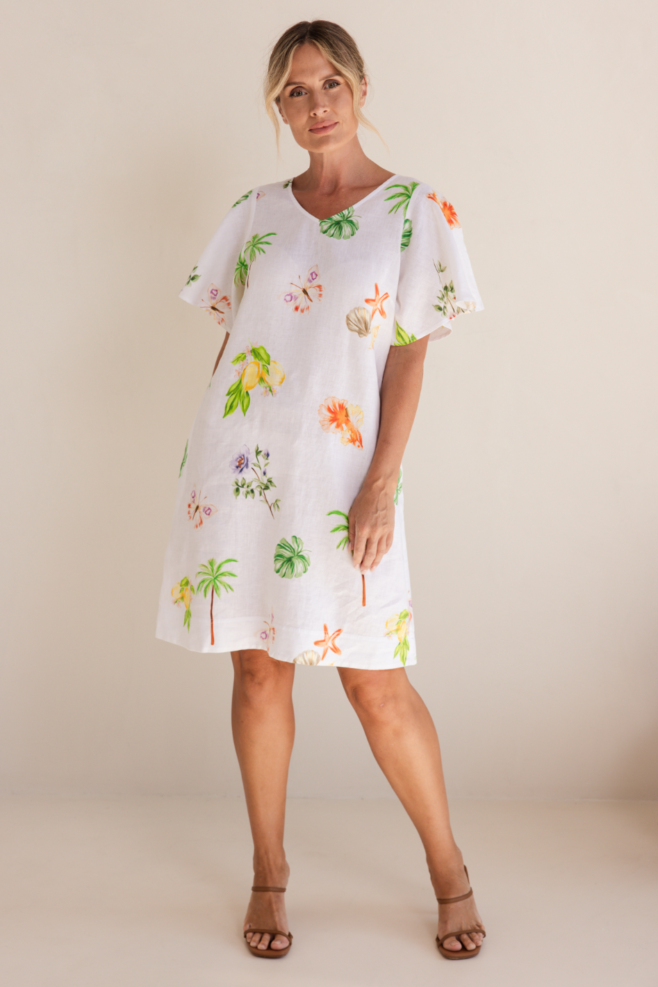 See Saw Linen Flutter Sleeve Dress in Paradise Print