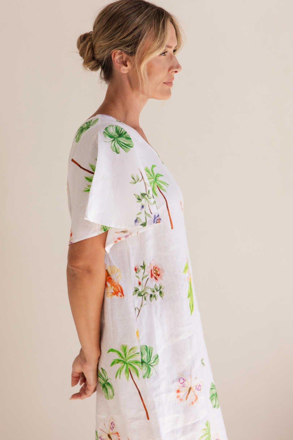See Saw Linen Flutter Sleeve Dress in Paradise Print