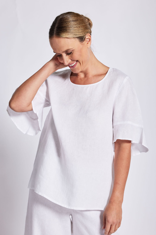 See Saw Linen Flutter Sleeve Top | White