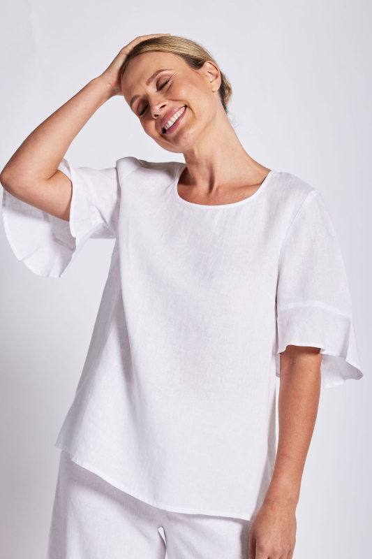 See Saw Linen Flutter Sleeve Top | White