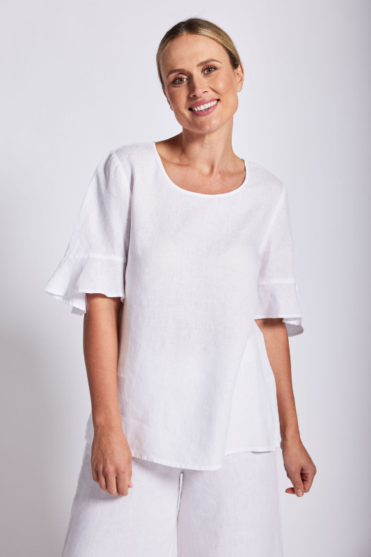 See Saw Linen Flutter Sleeve Top | White