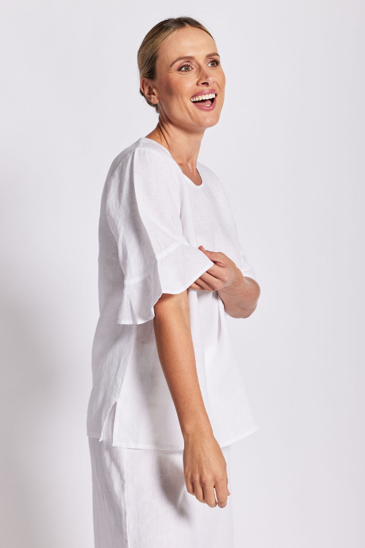 See Saw Linen Flutter Sleeve Top | White