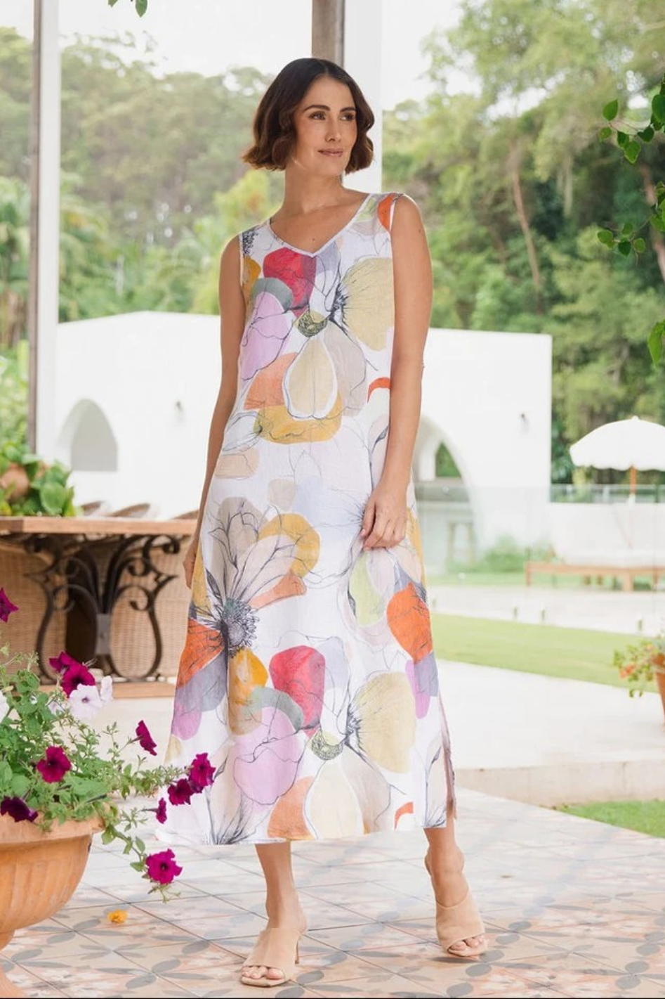 See Saw Linen Longline V Neck Dress in Petal Drift Print