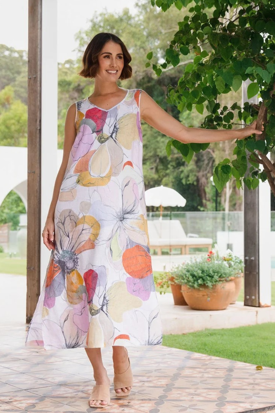 See Saw Linen Longline V Neck Dress in Petal Drift Print