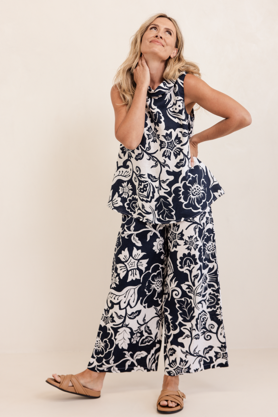 See Saw Linen Palazzo Pant and Sleeveless Cowl Neck Swing Top in Navy Vine Print
