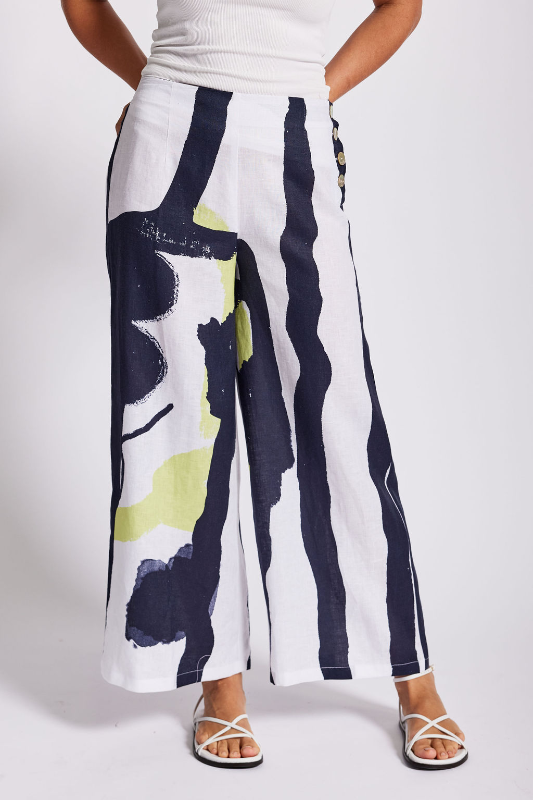 See Saw Linen Palazzo Pant in Navy and Pine Lime