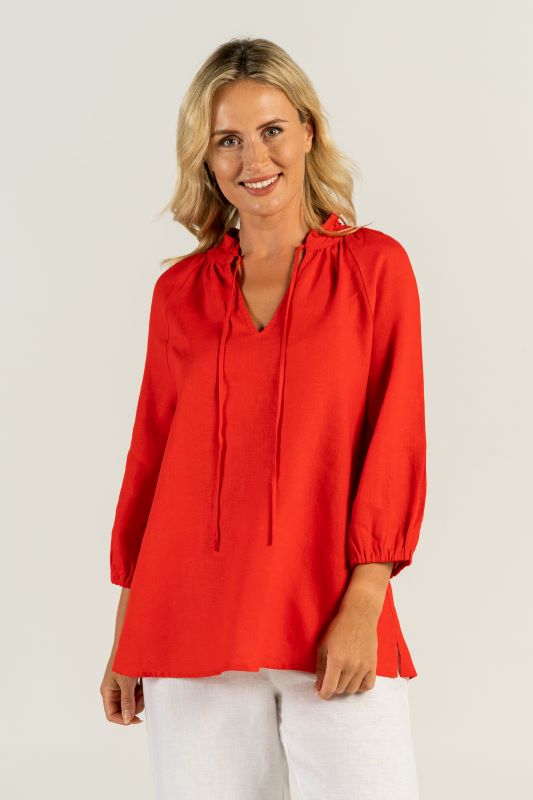 See Saw Linen Ruffle Tunic Top in Red