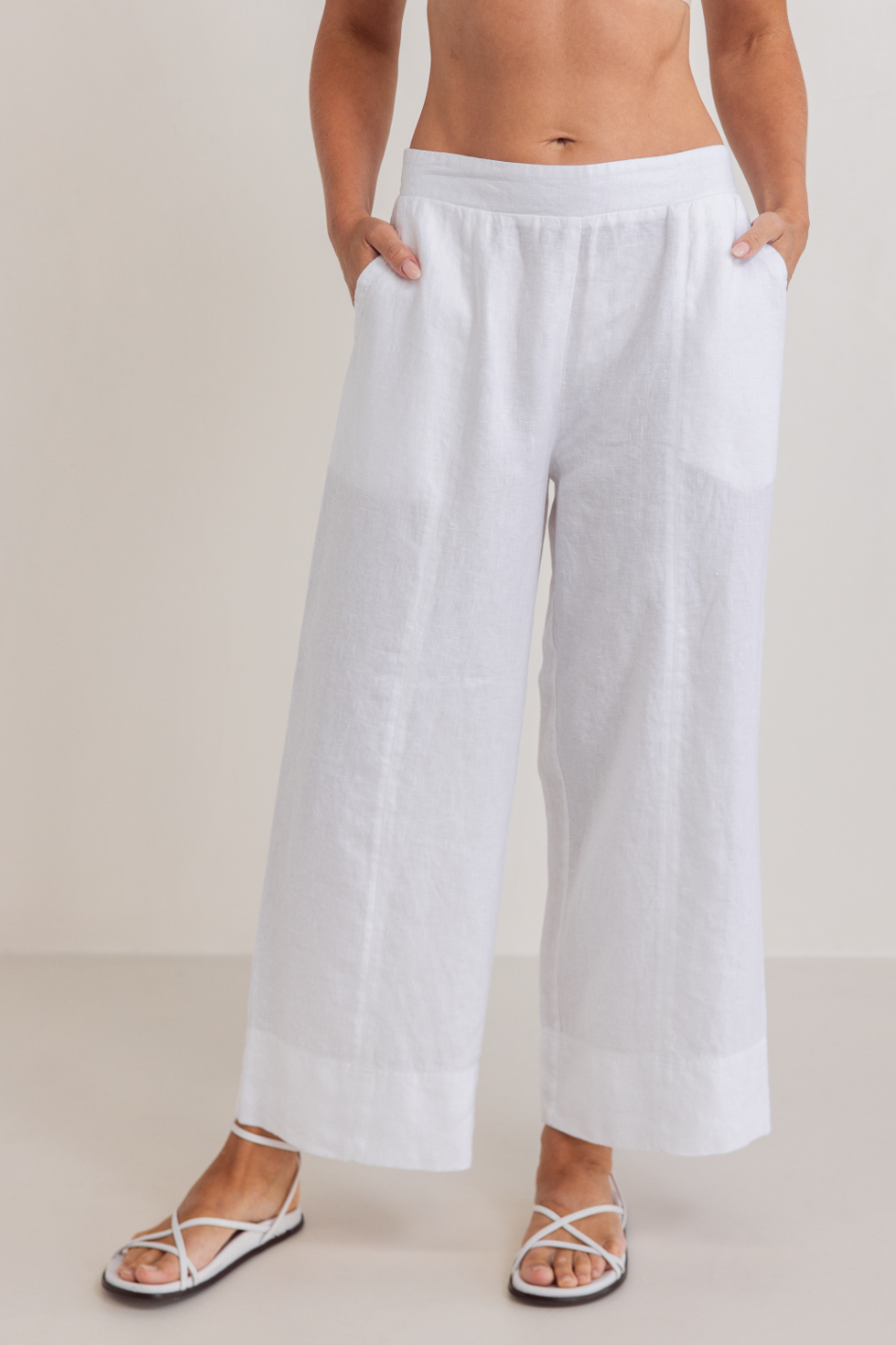See Saw Linen 7/8 Seam Detail Wide Leg Pant | White | 363