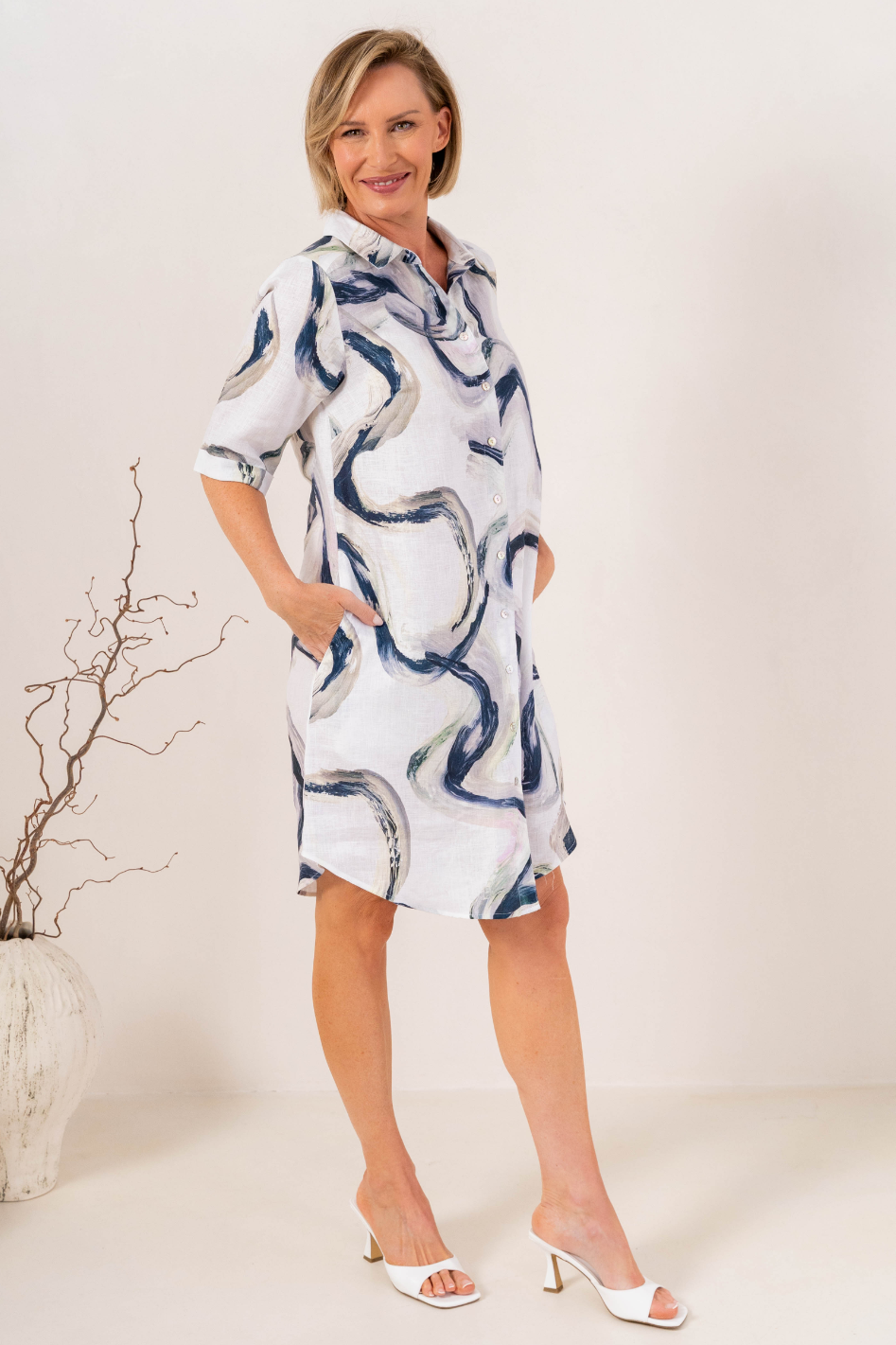See Saw Linen Shirtmaker Dress in Riverstone Print
